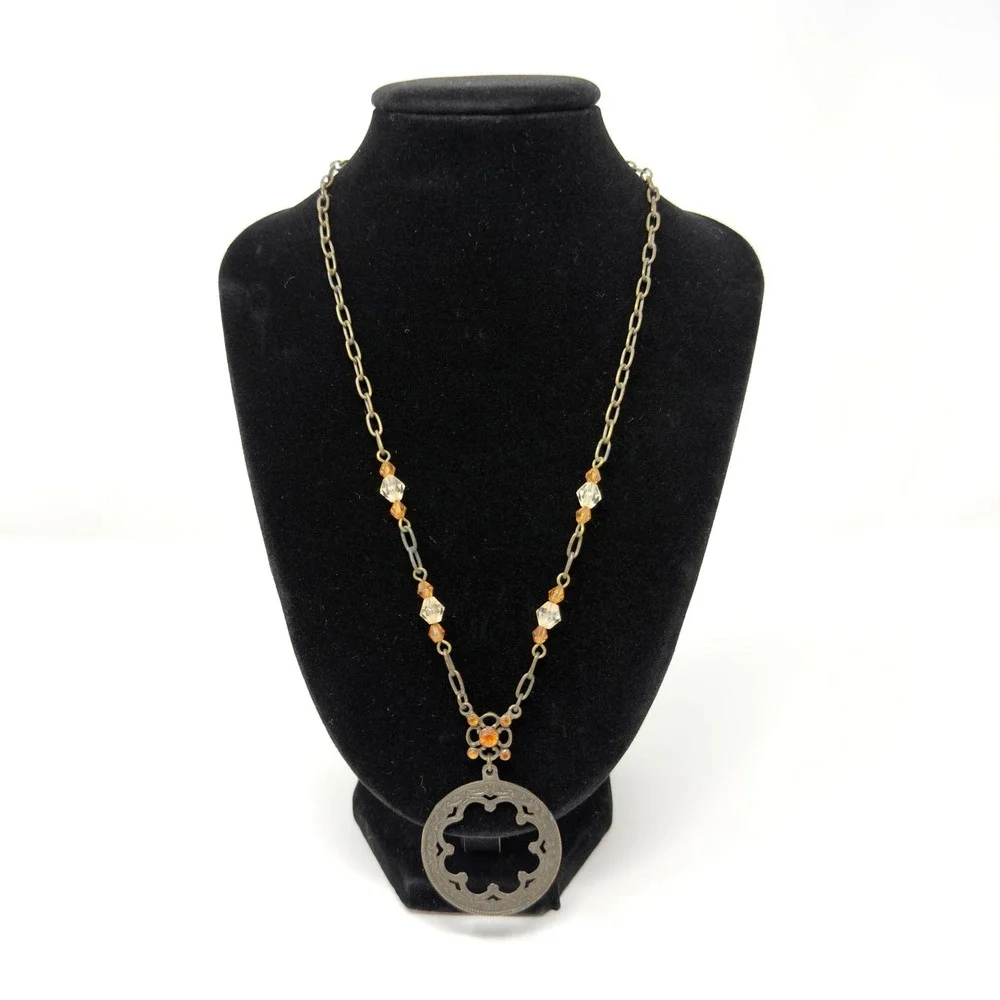 Vintage NY Pendant Beaded Necklace Amber Crystal‎ Boho 10.5 Inch